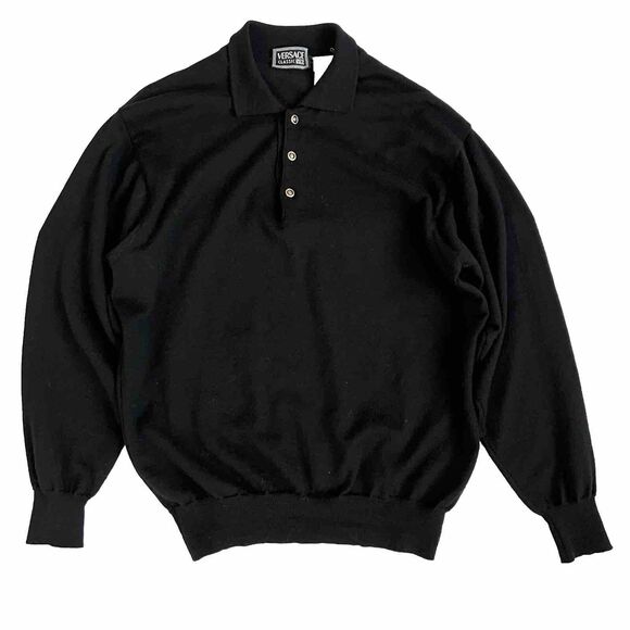 Vintage Gianni Versace V2 Mens Wool Knit Sweater Polo Size L Black Medusa Button - Picture 1 of 10